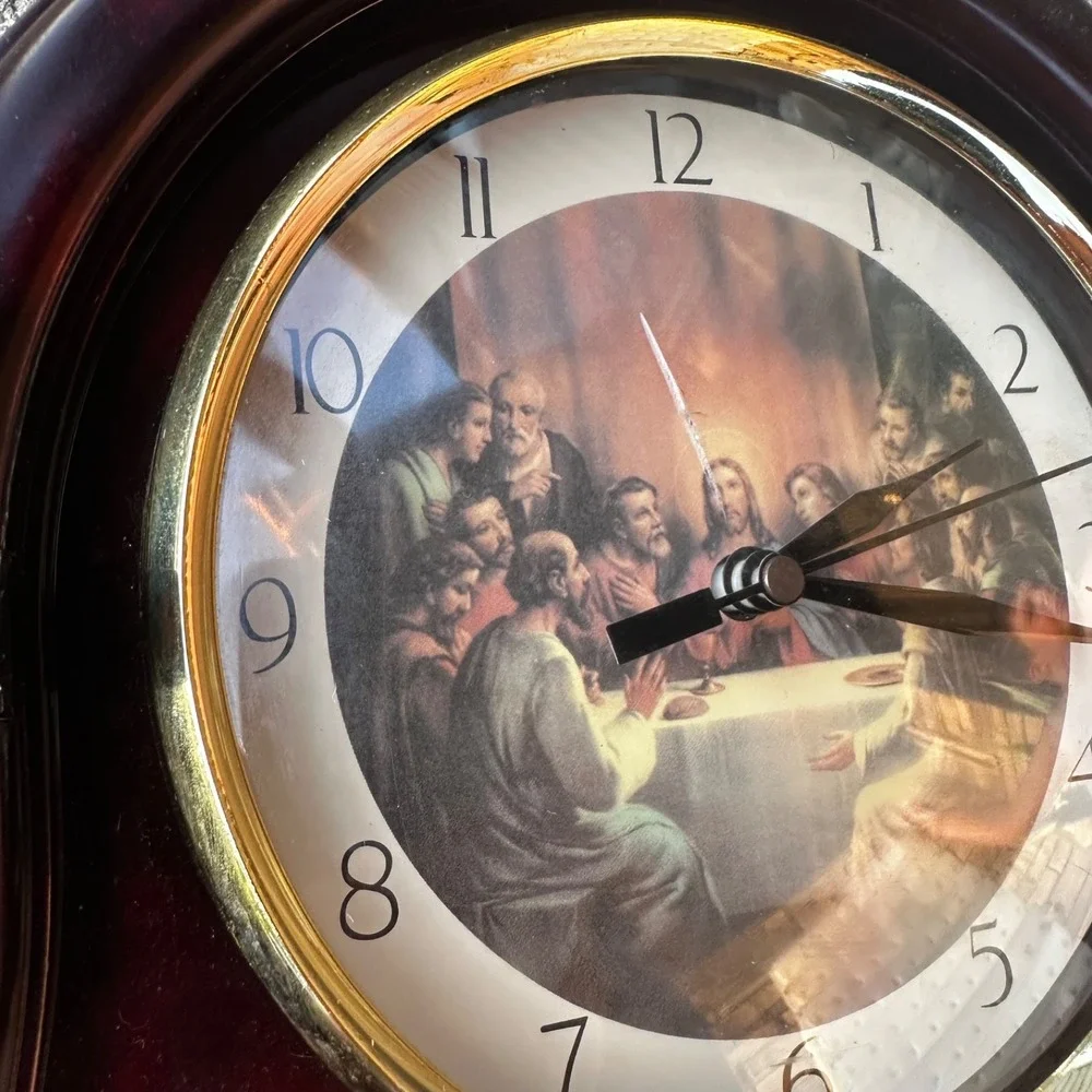 Vintage 90s Jesus Christ and the Last Supper Red Marble Mantel Clock - WORKS!
